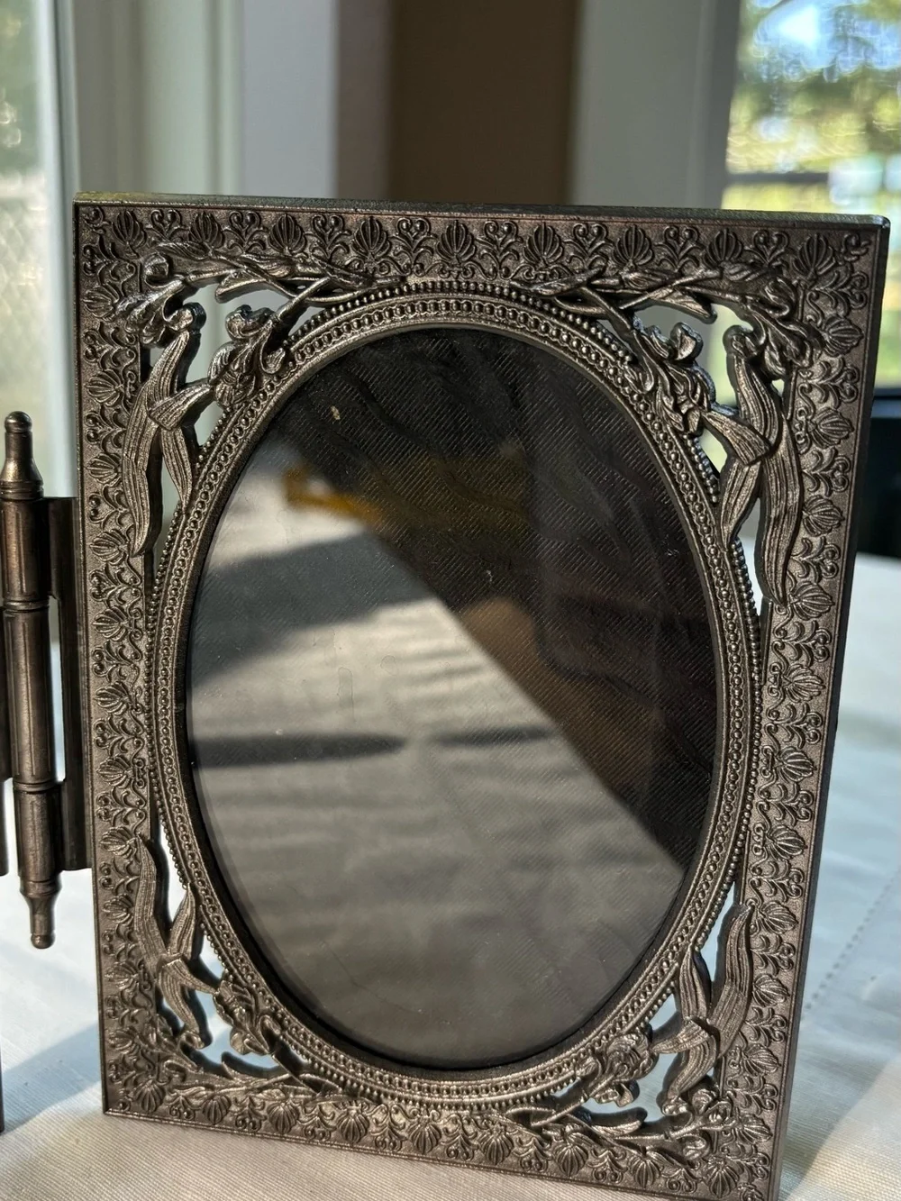 Ornate Hinged Oval Double Photo Frame in Dark Silver Tone